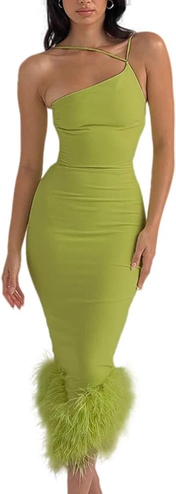 Womens Feather Hem One Shoulder Dress Sleeveless Bodycon Split Long Dress Cocktail Party Outfits