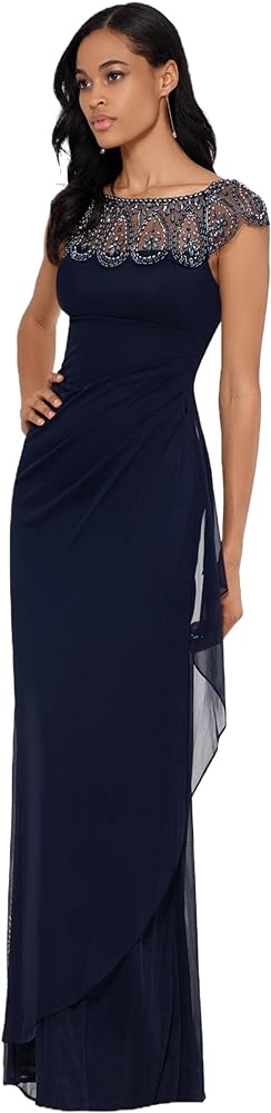 Xscape Women's Short Sleeve Beaded Illusion Neckline Ruched Gown