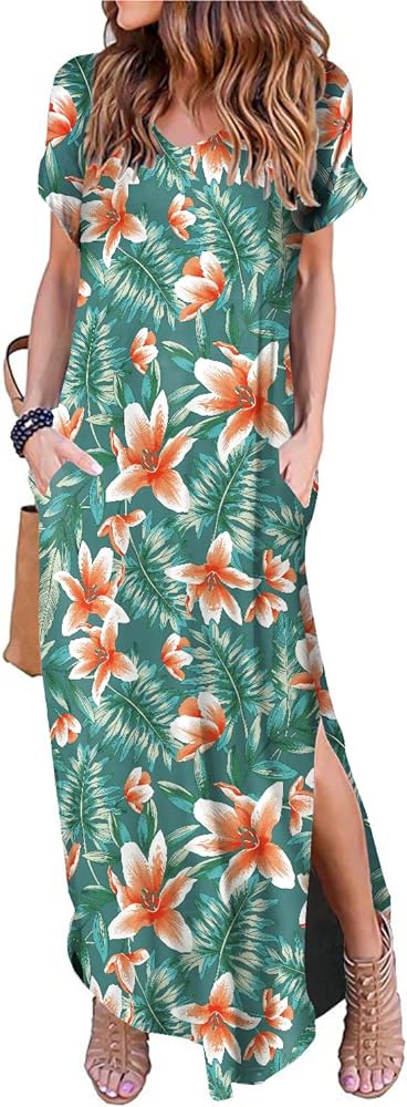 Women's Casual Loose Sundress Short Sleeve V Neck Long Dress Split Maxi Summer Beach Dress with Pockets