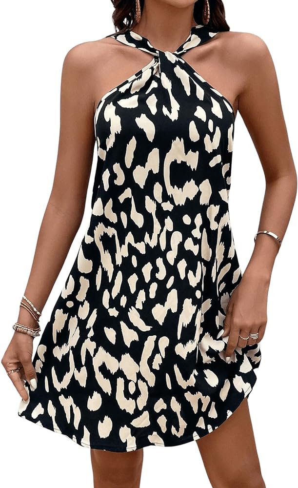 SweatyRocks Women's Sleeveless Twist Front Halter Dress Summer Graphic Print A Line Short Dresses