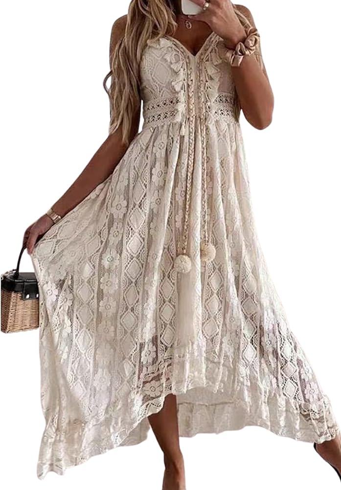 CUPSHE Women's Maxi Dress Lace Dresses Boho Tassel V-Neck Flare Ruffle Adjustable Straps Beach Summer Long Dress