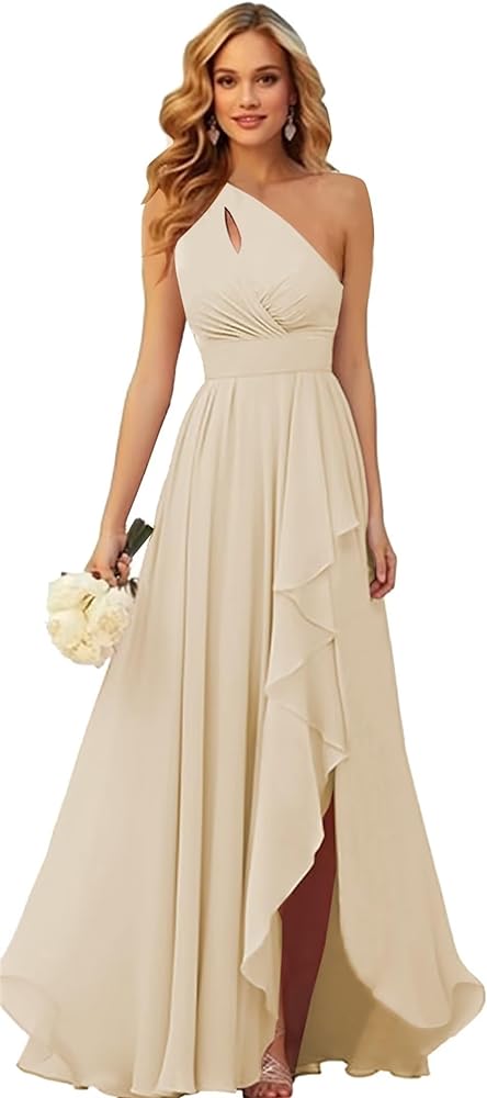 One Shoulder Chiffon Bridesmaid Dresses with Slit for Wedding Ruffle Prom Formal Dress