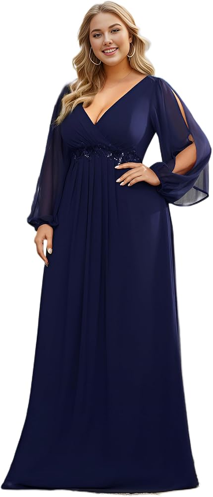 Ever-Pretty A Line V Neck Long Sleeves Applique Ruched Chiffon Plus Size Maxi Formal Evening Dresses for Curvy Women 00461-DA