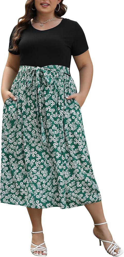 Nemidor Womens Plus Size Summer Short Sleeve Boho Print Flared Long Dress with Pocket NEM530