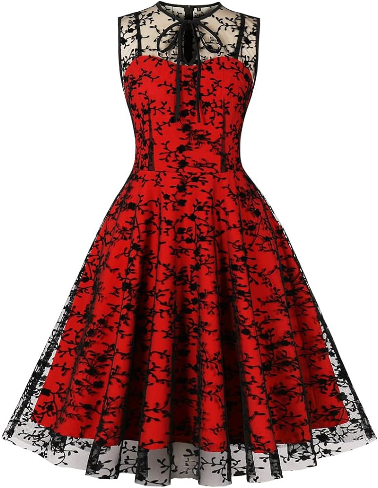 Women Mesh Floral Embroidery Vintage Cocktail Swing Dress Illusion 50s Goth Flared A line Casual Wedding Prom Evening Dress