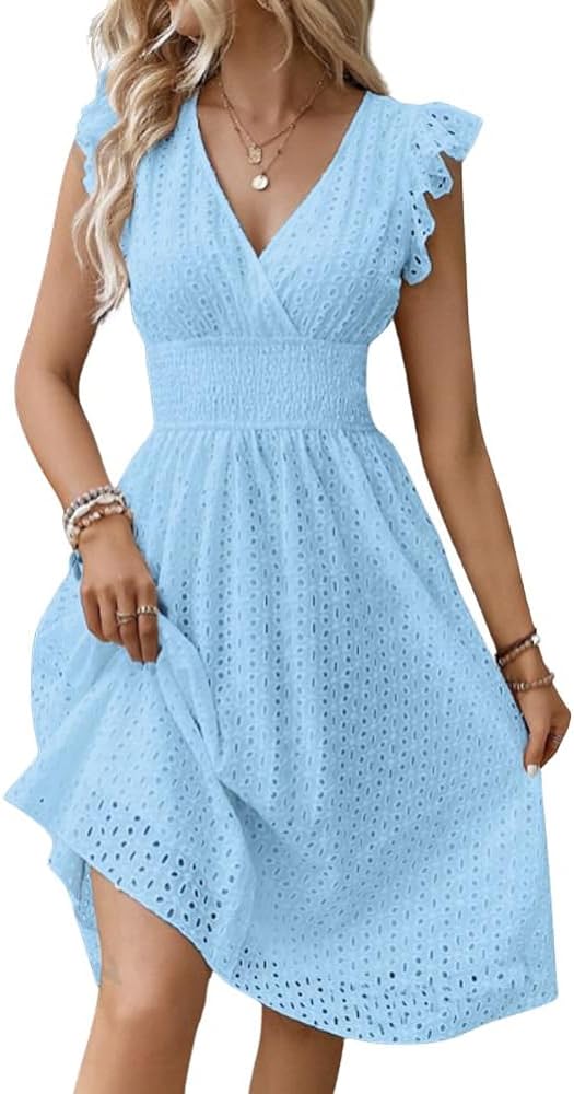 chouyatou Women's 2024 Eyelet Lace Embroidery Smocked Waist Party Dress Sexy Flutter Sleeve A Line Midi Long Sun Dress