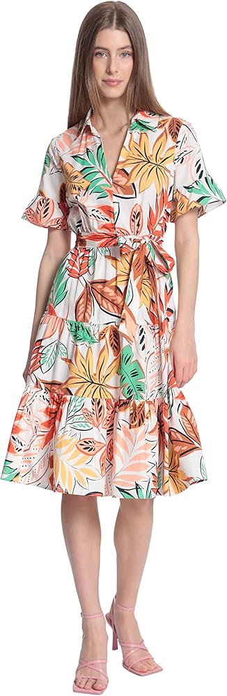 Donna Morgan Women's Leaf Printed Tiered Knee Length Dress with Collar and Waist Tie