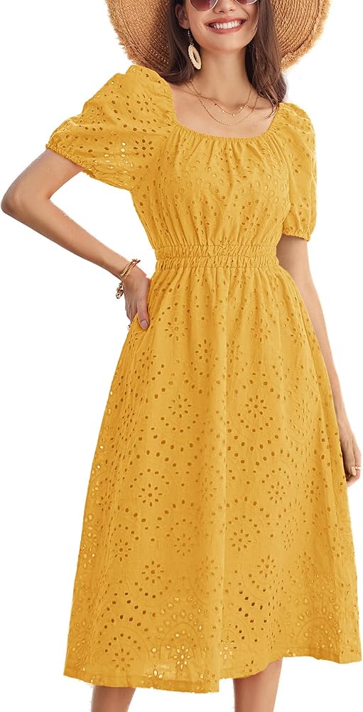 GRACE KARIN Women's Eyelet Dresses Summer Square Neck Short Puff Sleeve Casual A Line Boho Midi Dress