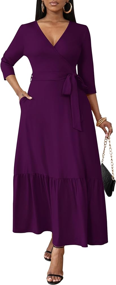 FANDEE Long Flowy Dresses for Women Summer V Neck Maxi Dress with Pockets, 3/4 Sleeve Solid Tie Belt A Line Tiered Dresses