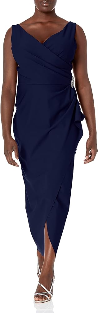 Alex Evenings Women's Slimming Long Side Ruched Dress with Cascade Ruffle Skirt