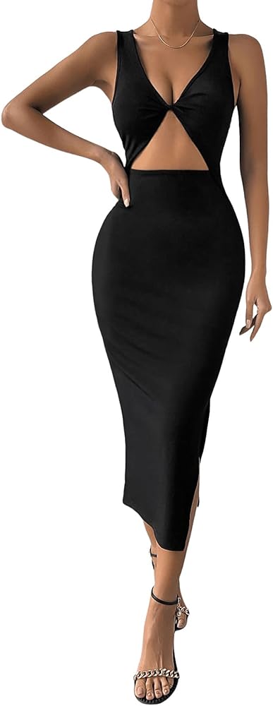 Verdusa Women's Cut Out Twist Front Split Thigh Deep V Neck Midi Bodycon Tank Dress