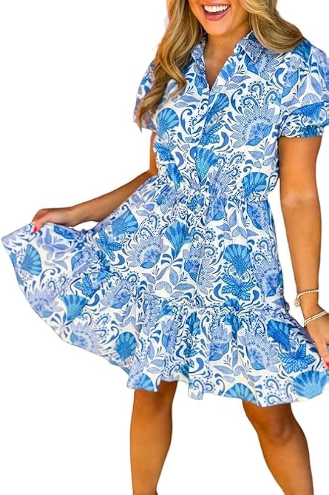 Womens Summer Dresses 2024 Blue Ruffle Dress Short Floral Dress Smocked Elastic Waist Casual Dress Mini Dress