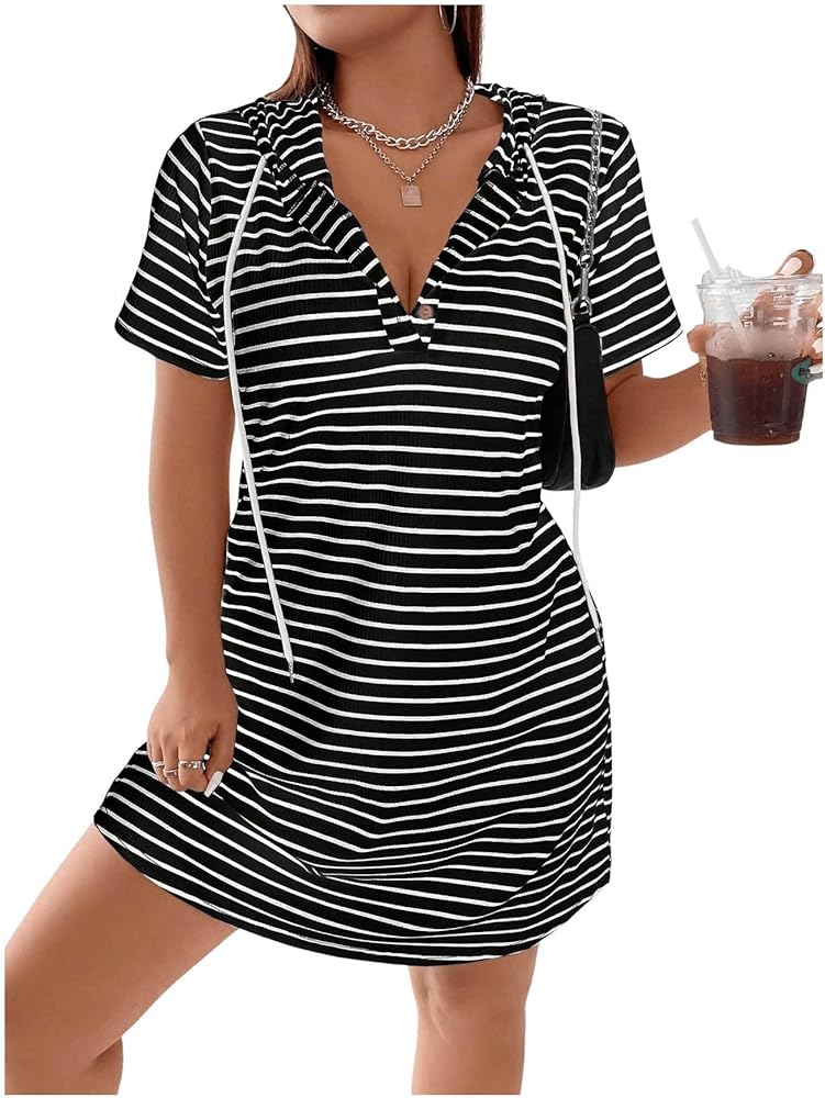 SHENHE Women's Plus Size Striped Drawstring Casual Short Sleeve Knee Length Hoodie Dress