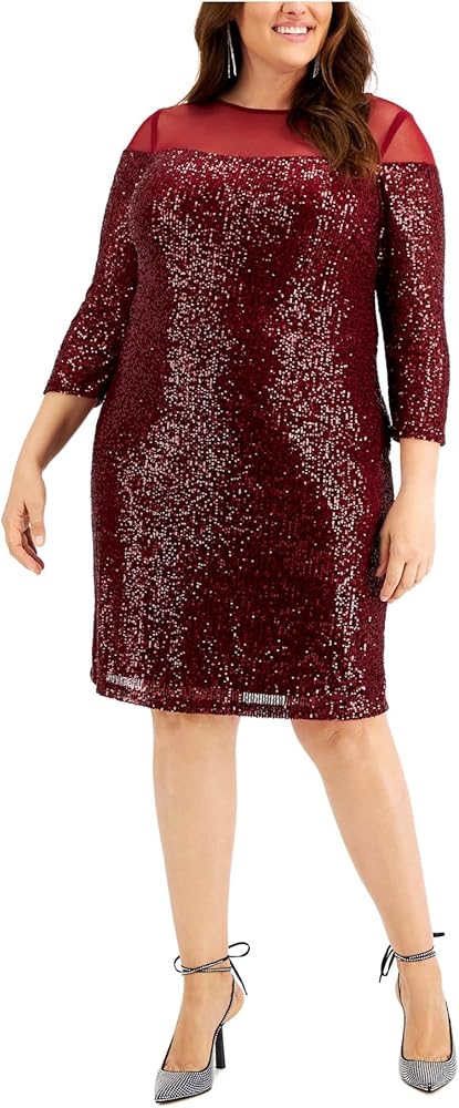 R&M Richards Womens Red Stretch Sequined Keyhole Back Lined 3/4 Sleeve Illusion Neckline Knee Length Party Sheath Dress Plus 14W