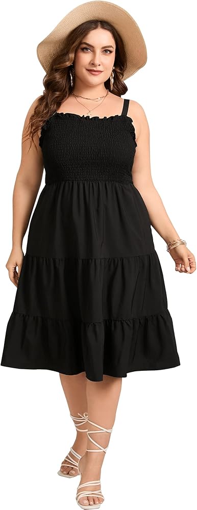 Plus Size Summer Dresses Women’s Sleeveless Square Neck Smocked Flowy Ruffle A Line Maxi Dress