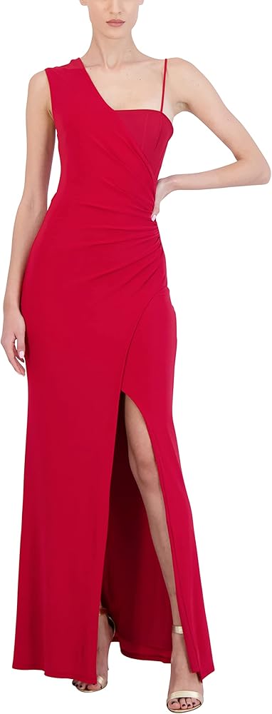 BCBGMAXAZRIA Women's Sleeveless Fit and Flare Long Evening Dress Adjustable Spaghetti Strap Asymmetrical Neck Front Slit