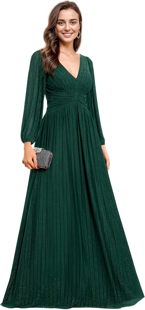 Ever-Pretty Women's V Neck Ruched High Waist Long Sleeves Floor Length Glitter Evening Dresses 01961