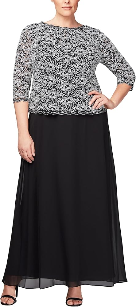 Alex Evenings Women's Plus Size Stretch Lace Bodice Mock One Piece Gown