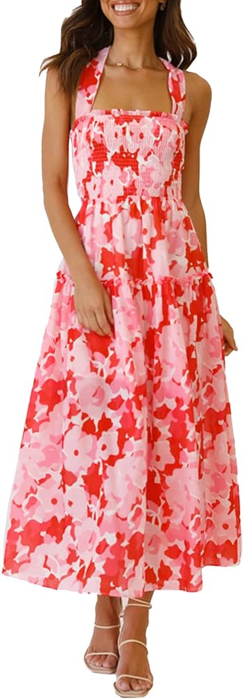 PRETTYGARDEN Women's 2024 Summer Maxi Dress Halter Neck Backless Ruffle Smocked Casual Long Flowy Boho Dresses