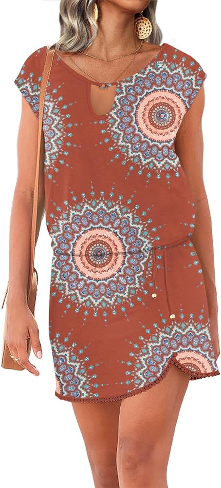 Summer Dresses for Women 2023 Trendy Beach Cove Up Dress Floral Print with Elegant Lace Crochet Edging