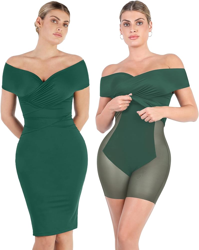 Popilush The Shapewear Dress Off Shoulder V Neck Ruched Bodycon Midi Dress with Built in Shapewear Summer Cocktail Dress