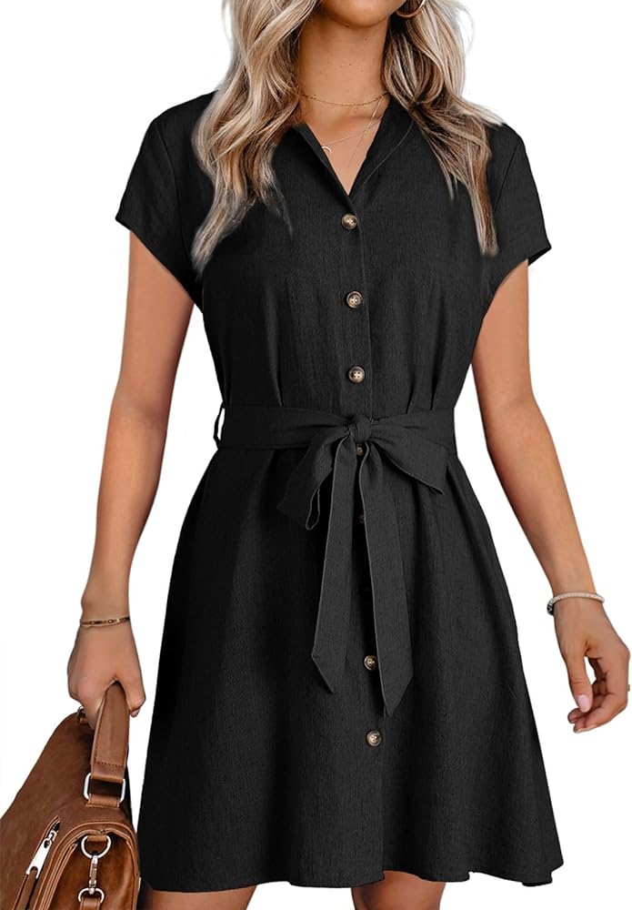 Dokotoo Womens Dresses Button-down Short Sleeve Empire Waist Casual Vacation Mini Dresses with Belt