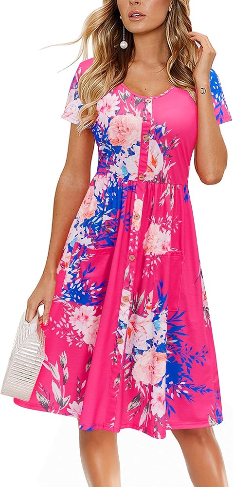 VOTEPRETTY Women's Short Sleeve V Neck Sundress Summer Casual Button Floral Dress with Pockets