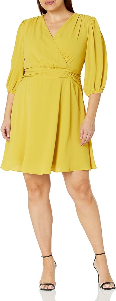 London Times Women's Shirred Surplice Bishop Sleeve Dress