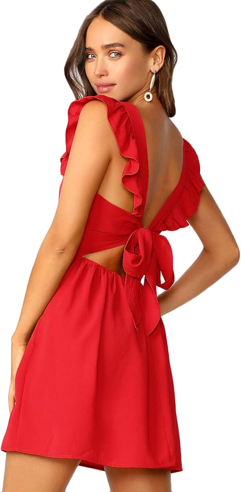 OYOANGLE Women's Tie Back Square Neck Ruffle Strap Sleeveless A Line Flare Flowy Summer Short Dress