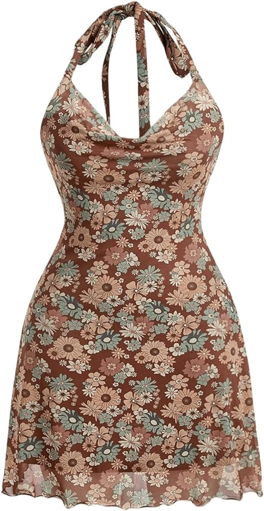 Floerns Women's Plus Size Allover Floral Print Draped Halter Neck Tie Back Bodycon Dress