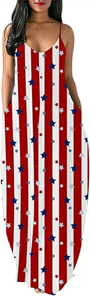 American Flag Maxi Dress, 4th of July Women Dress, Patriotic Sundress Casual Star Striped Sleeveless Dress