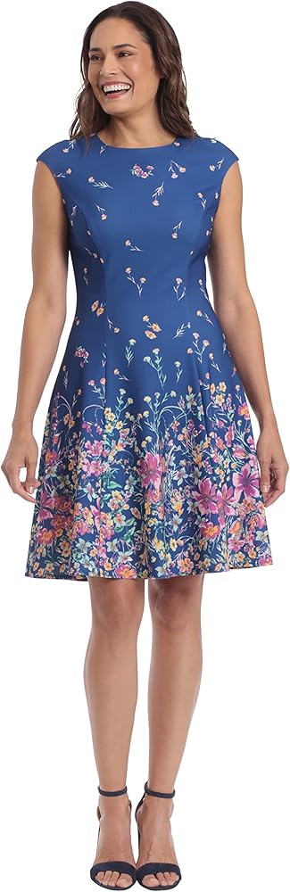 London Times Women's Floral Border Cap Sleeve Fit & Flare Dress