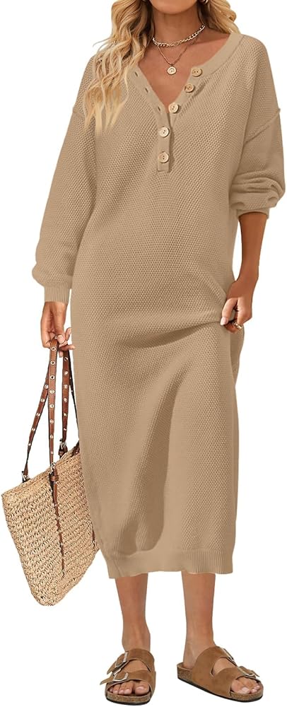 MEROKEETY Women's 2023 Long Sleeve Button V Neck Sweater Dress Casual Fall Loose Knit Maxi Dress