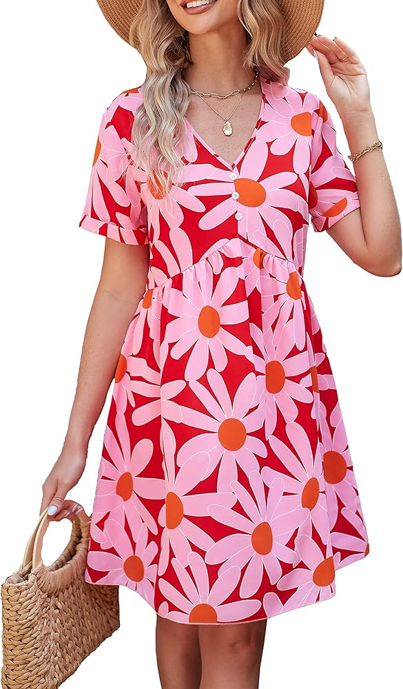 PRETTYGARDEN Summer Dress for Women 2024 Short Sleeve V Neck Ruffle Floral Swing A-Line Short Dresses