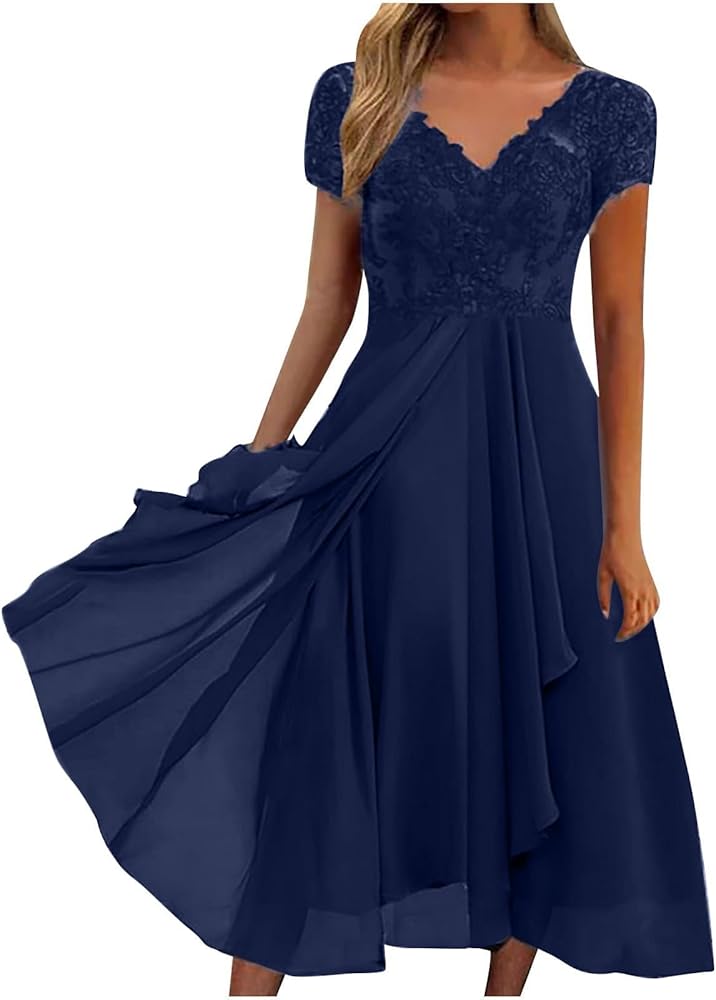 Bridesmaid Evening Dress Womens Elegant Chiffon Lace Patchwork Short Sleeve Waist Irregular Hem Cocktail Dress