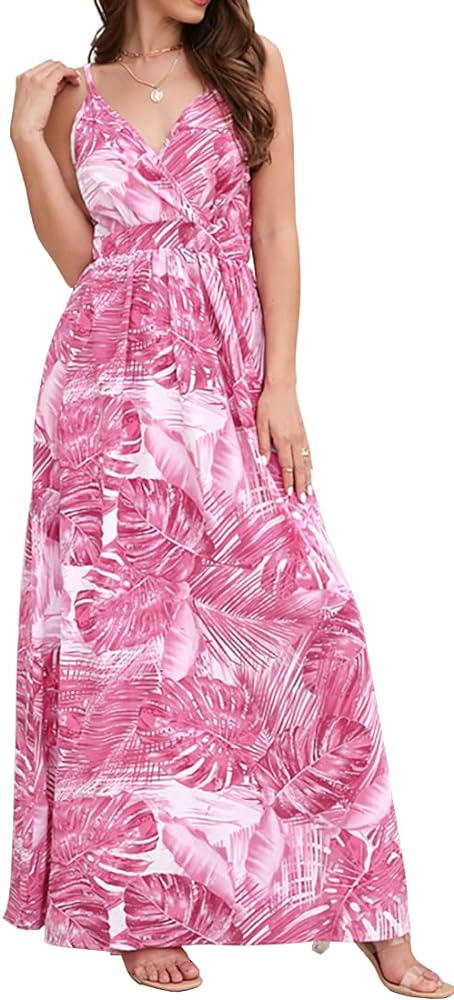 Chaos World Hawaiian Dresses for Women Boho Maxi Dress V-Neck Floral Summer Dress Beach Spaghetti Strap