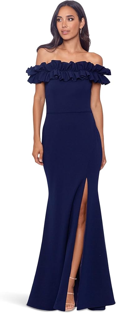 Xscape Women's Long Crepe Over-The-Shoulder Ruffle Gown