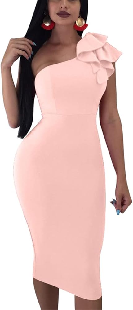 Mokoru Women's Sexy Ruffle One Shoulder Bodycon Elegant Cocktail Party Midi Dresses