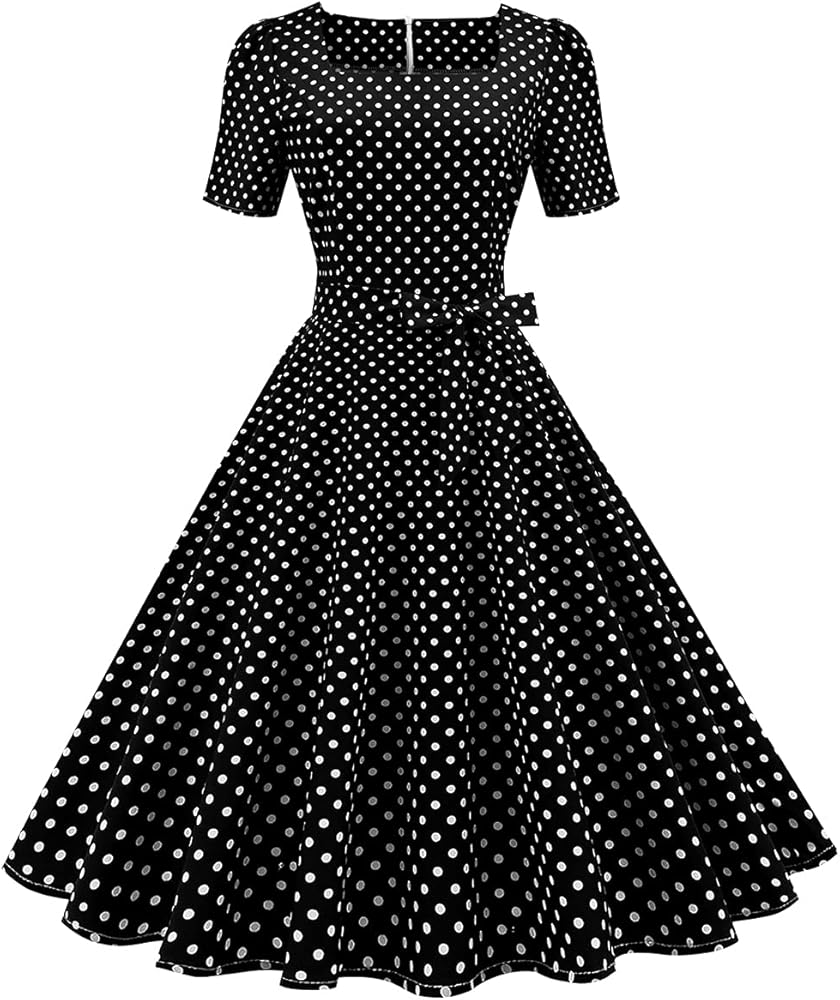 Women Vintage 50s 1950s Dress Square Neck A-line Polka Dot Rockabilly Swing Evening Party Cocktail Dresses