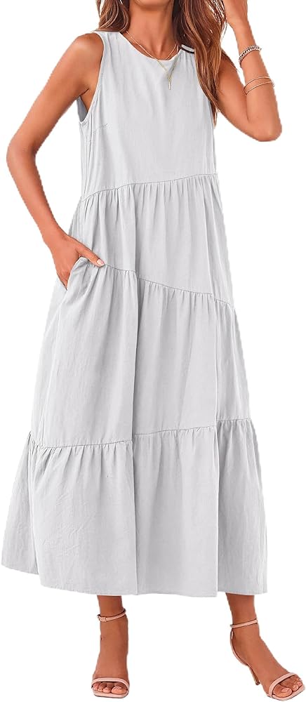 PRETTYGARDEN Women's 2024 Summer Casual Midi Dress Sleeveless Long Flowy Tiered Cute Vacation Beach Sundresses with Pockets