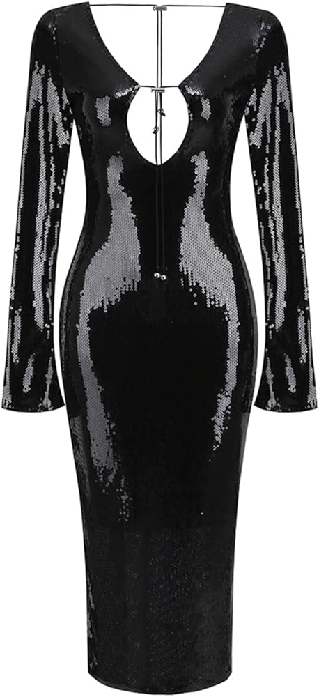 meilun Deep V Dress with Drawstring Long Sleeve Sequin Dress for Women Long Gown