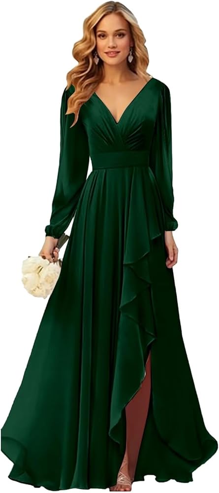 Long Sleeve Bridesmaid Dresses for Women Ruffle Chiffon High Low Formal Dress with Slit