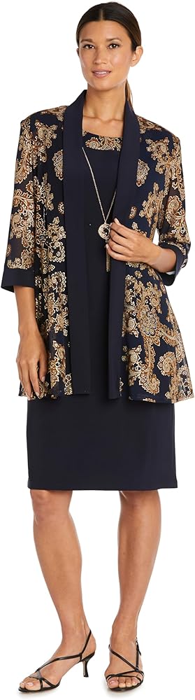 R&M Richards Women's Two-Piece Printed Brocade Jacket Dress, Navy/Gold,16