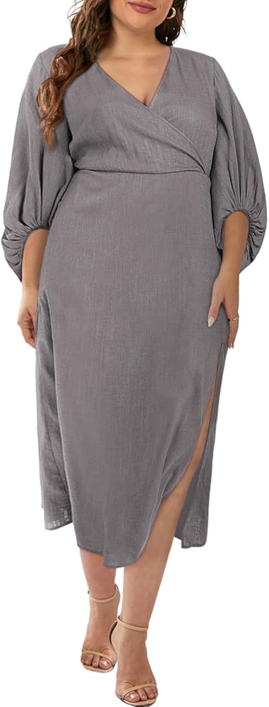 Eytino Women Plus Size Formal Dress Full Puff Sleeve V Neck Slit Maxi Long Dresses(1X-5X)