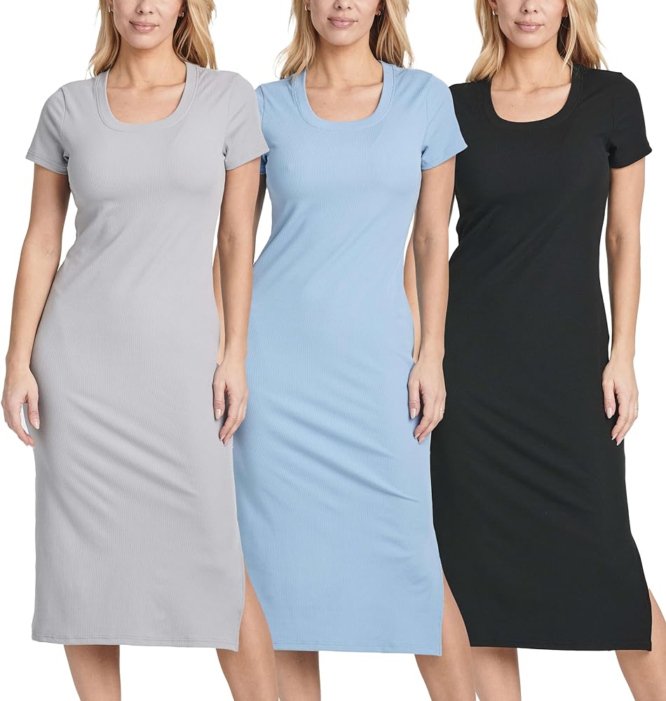 Real Essentials 3 Pack: Women's Ribbed Jersey Crew Neck Short Sleeve Midi Length Dress with Side Slit