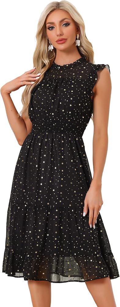 Allegra K Casual Chiffon Dress for Women's Sleeveless Smocked Waist Gilding Metallic Stars Party Dresses