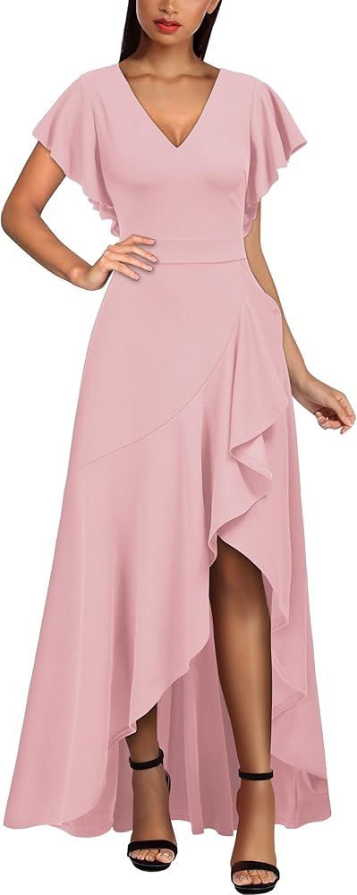 Miusol Women's Formal V Neck Ruffle Split Evening Party Long Dress