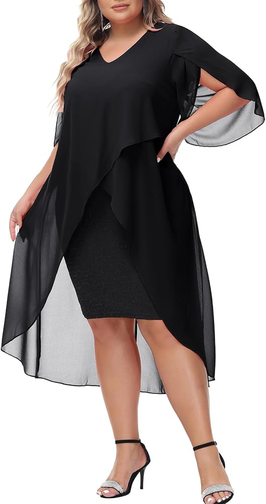 Hanna Nikole Womens Plus Size Chiffon Cocktail Dress Ruffle 3/4 Sleeve Wedding Guest Party Dresses with High Low Hem