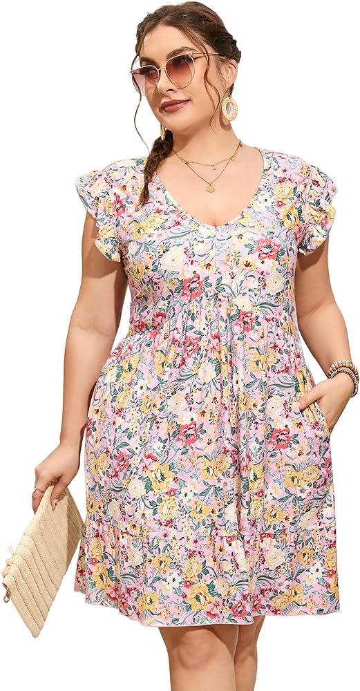 Womens Plus Size Casual V Neck Dress Loose Swing Ruffle Summer Boho Midi Dress with Pockets