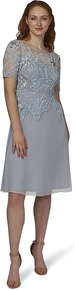 Adrianna Papell Women's Beaded Mesh and Chiffon Midi